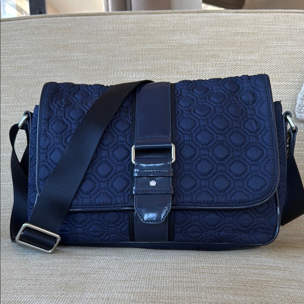 Navy Blue Messenger Bag with Adjustable Strap and Textured Fabric